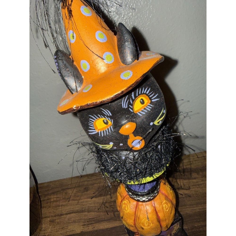 Vintage Retro Halloween Black Cat Paper Mache Figurine Seasonal Decoration - Picture 11 of 13